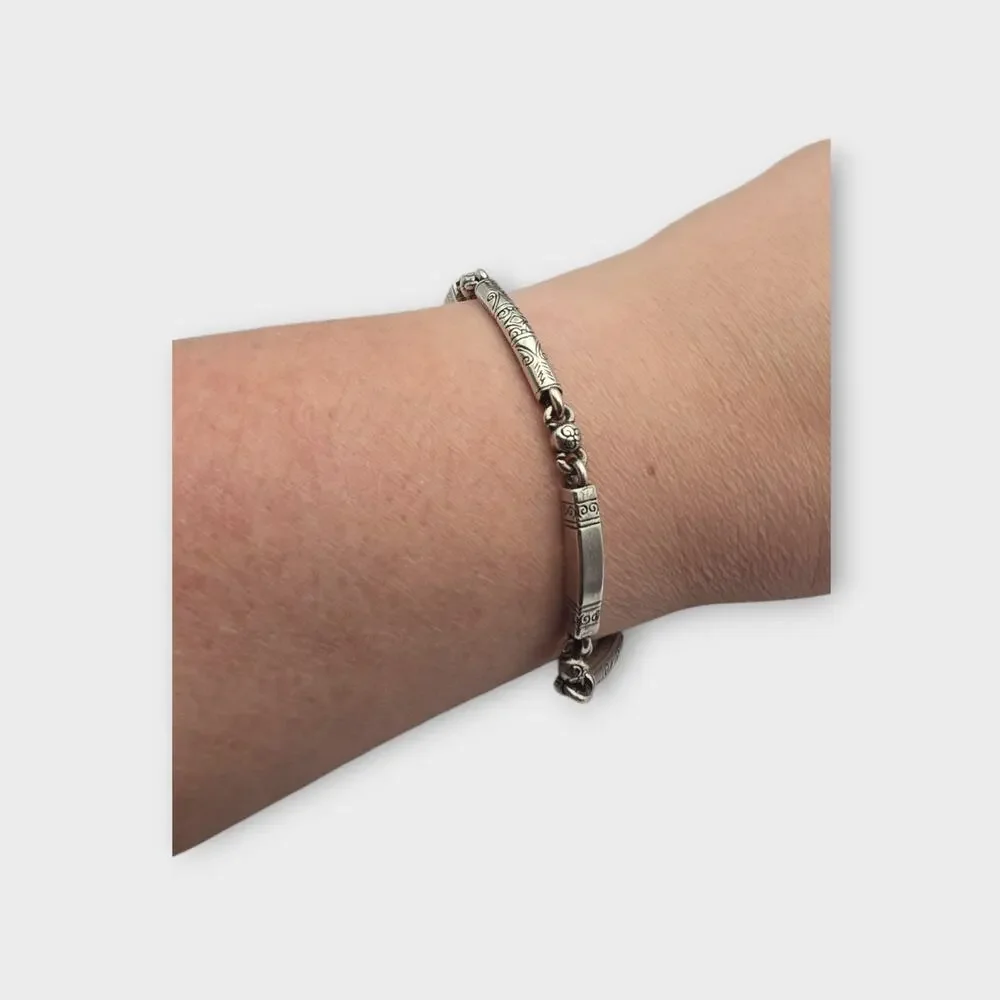 Brighton Bar Link Bracelet Scroll Etched Silver Tone Classic Minimal Everyday